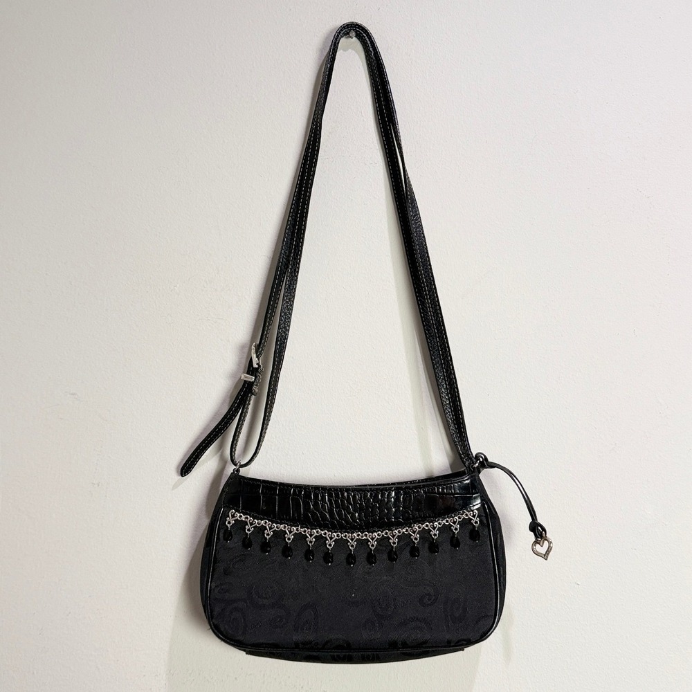 Brighton Black Jacquard Croc Embossed Shoulder Bag Beaded Heart Charm Small